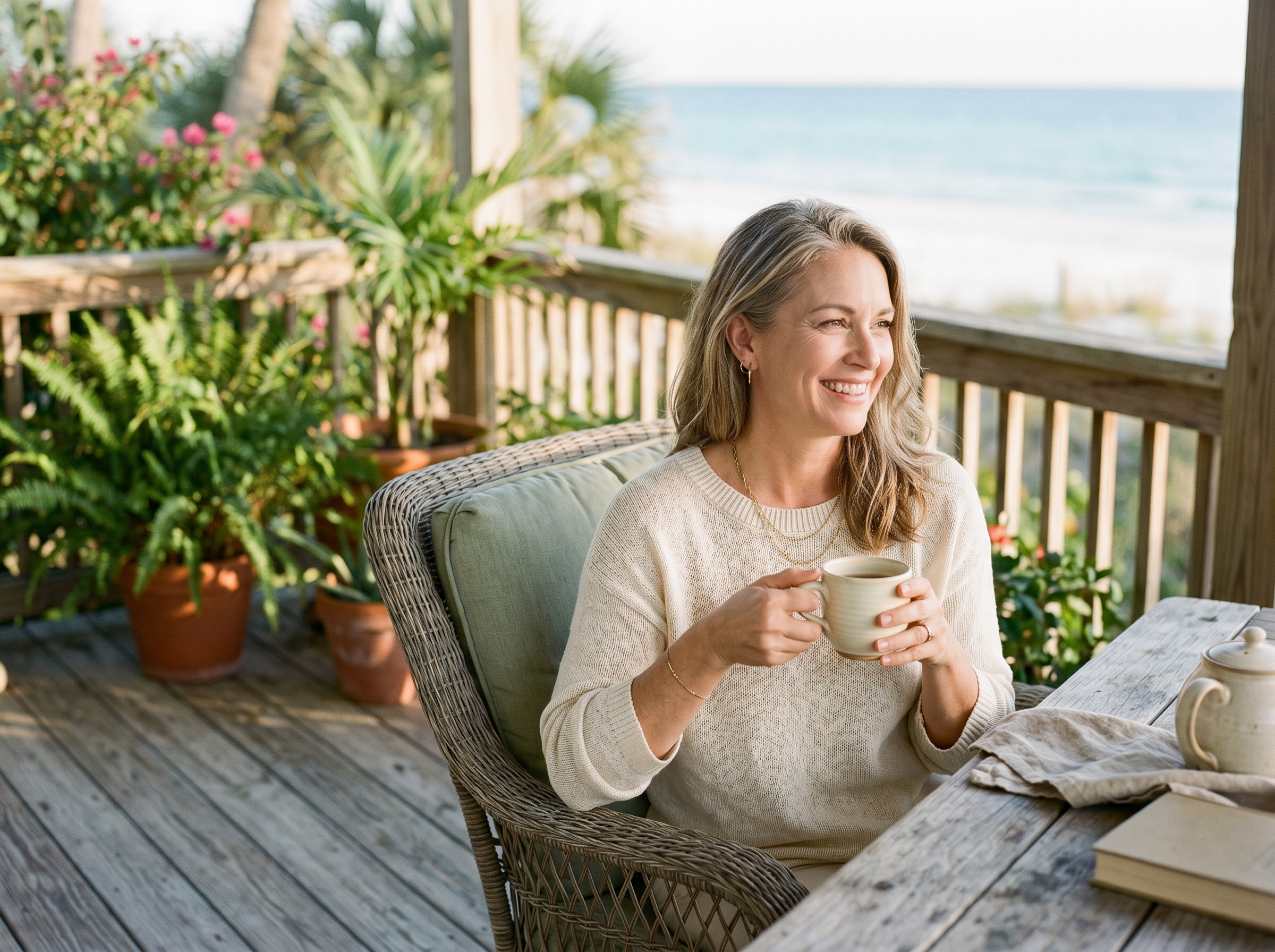 A woman enjoying a calm Pensacola coastal morning, representing hormone therapy for women